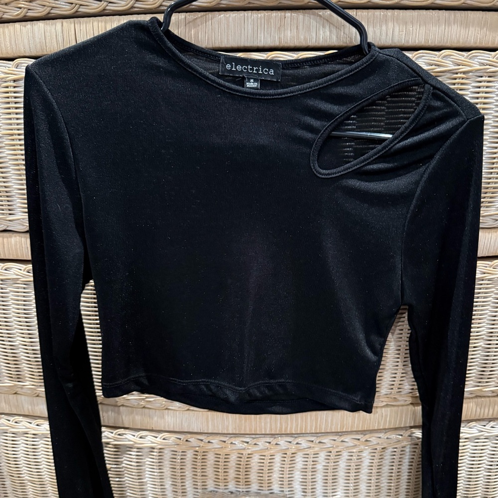 Black Sheer Shimmer Long Sleeve Crop Top